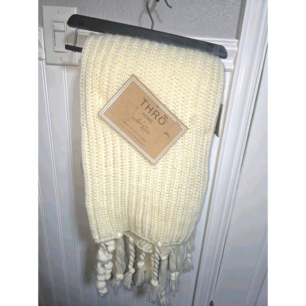 THRO by Marlo Lorenz 60" x 50" Cream Knitted Throw Blanket Tassled